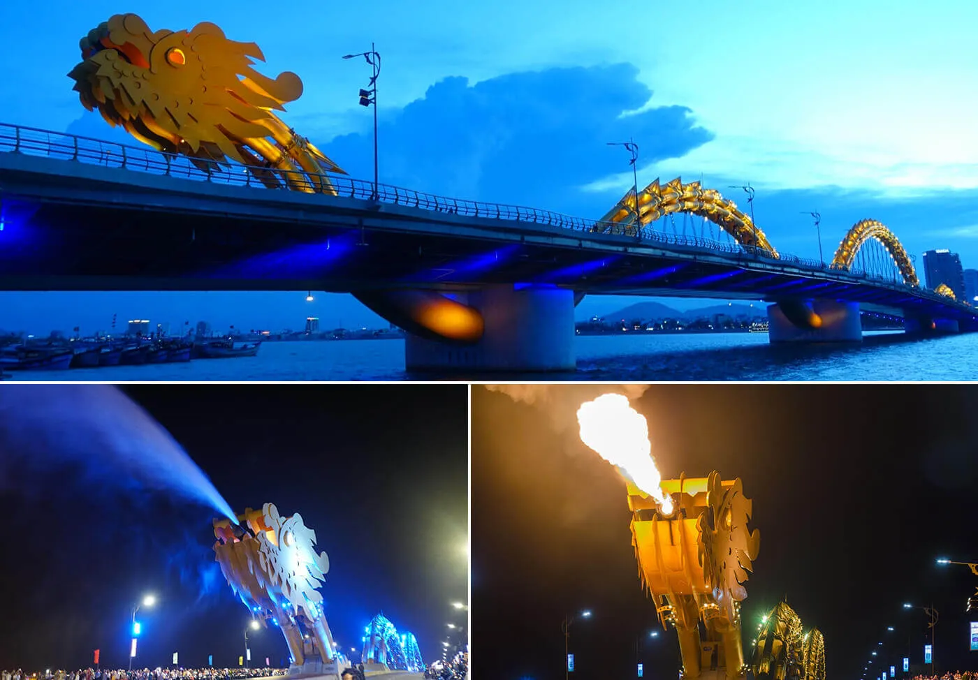 Hình ảnh độc đáo Cầu Rồng Đà Nẵng phun lửa về đêm